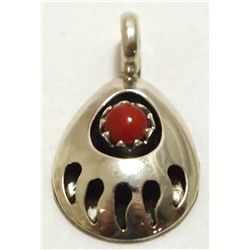 Navajo Coral Sterling Silver Bear Paw Pendant - Joey McCray