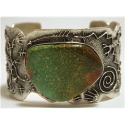 Navajo Green Fox Turquoise Sterling Silver Tufacast Cuff Bracelet - Philander B Begay