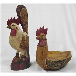 Carved Wood With Batik Rooster and Bowl