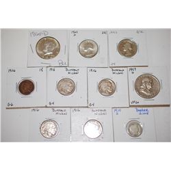 Various US Coins; Indian Head One Cent, Barber One Dime, Buffalo Nickel (4), Washington Quarter (2),