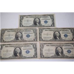 1935-E US Silver Certificate $1; Blue Seal; Lot of 5; EST. $15-20