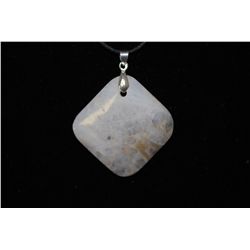 Black Leather Necklace With Square-Shaped White Stone Charm; EST. $10-20