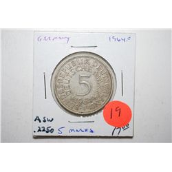 1964-F German 5 Deutsche Mark Foreign Coin; .2250 ASW; EST. $15-25