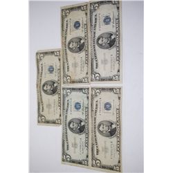 1953-A (4) & 1953-B US Silver Certificate $5; Blue Seal; Lot of 5; EST. $40-50