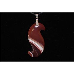 Black Leather Necklace With S-Shaped Tri-Colored Stone Charm; EST. $5-10