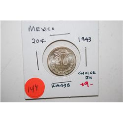 1943-M Mexico 20 Centavos Foreign Coin; Choice BU; EST. $5-10