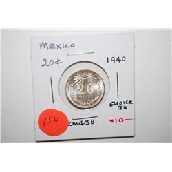 1940-M Mexico 20 Centavos Foreign Coin; Choice BU; EST. $5-15