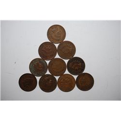 Indian Head One Cent; Various Dates & Conditions; Lot of 10; EST. $10-20