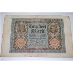 1920 German 100 Fundert Mark Foreign Bank Note; EST. $3-5