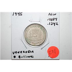 1945 Venezuela Bolivares Foreign Coin; .1342 ASW; EST. $15-25