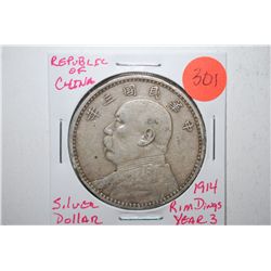 1914 Republic Of China Silver Dollar Foreign Coin; Rim Dings; Year 3; EST. $75-150