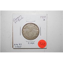 1937-A German 2 Deutsche Mark Foreign Coin With Flying Eagle Holding Swatstika; Silver .1607; EST. $