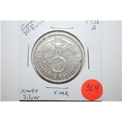 1938-A German 5 Deutsche Mark Foreign Coin With Flying Eagle Holding Swatstika; Silver .4016; EST. $