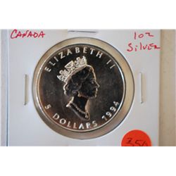 1994 Canada $5 "Maple Leaf" Foreign Coin; 9999 Silver 1 Oz.; EST. $30-40