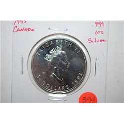 1993 Canada $5 "Maple Leaf" Foreign Coin; 9999 Silver 1 Oz.; EST. $30-40