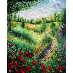 Leviels Original Painting Landscape Red Flowers Field