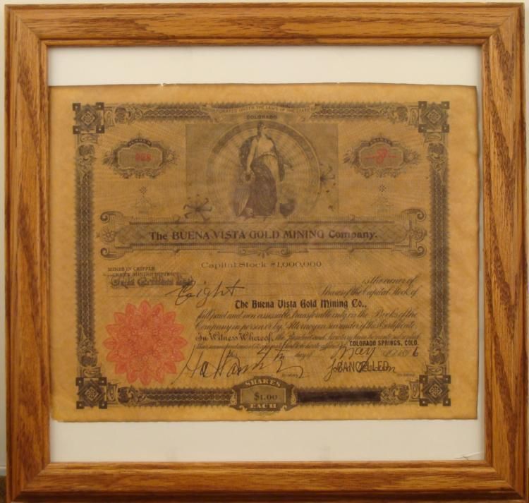 BUENA VISTA GOLD MINING CO STOCK CERTIFICATE 1896 FRAMD
