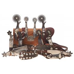 Five Pairs of Western Spurs and a Spur Block