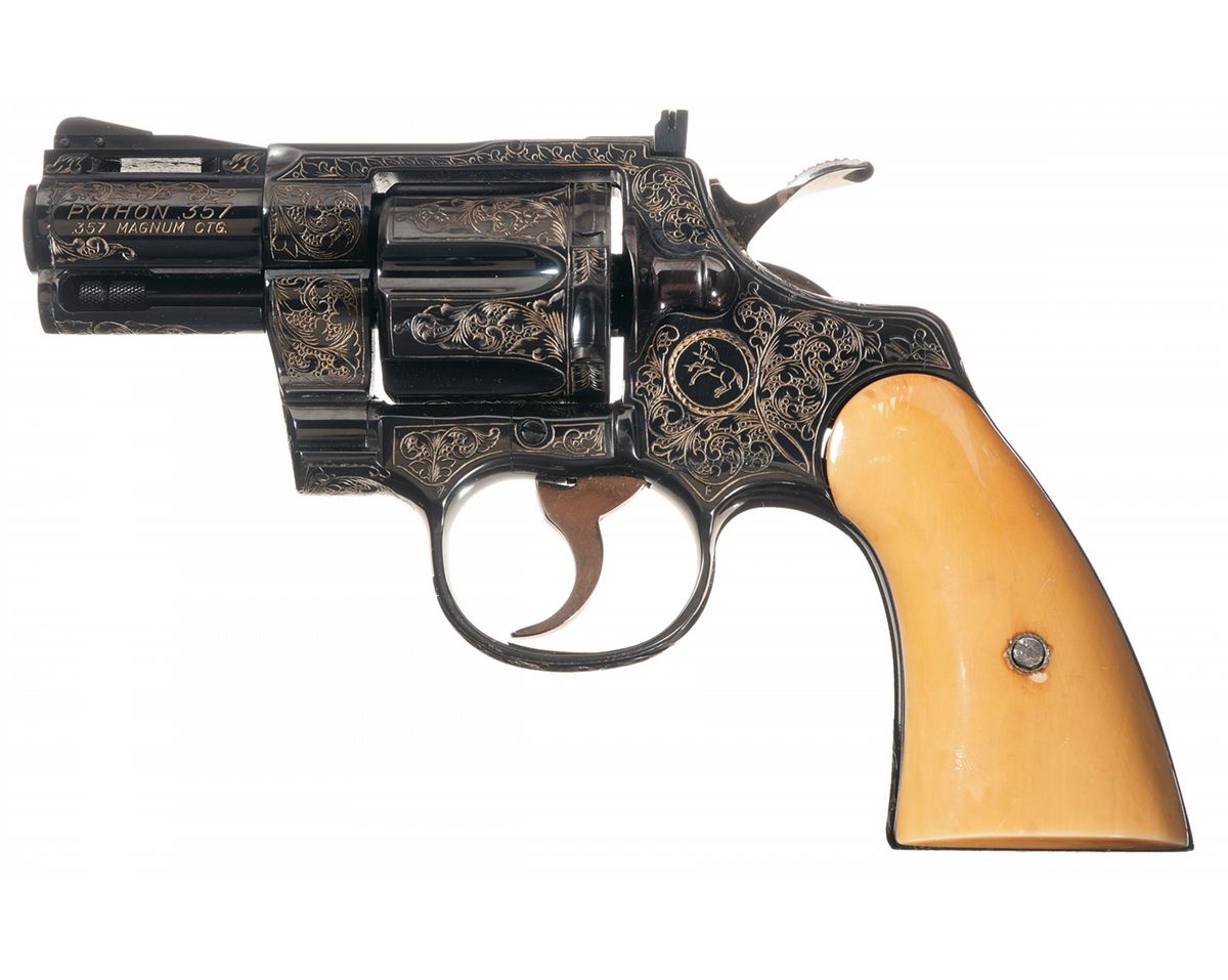 Engraved Colt Python Double Action Revolver with Ivory Grips and Holster
