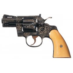 Engraved Colt Python Double Action Revolver with Ivory Grips and Holster