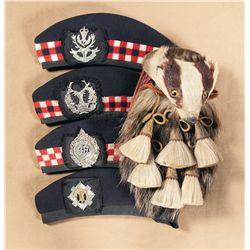 Badger Sporran and Four Regimental Glengary Bonnets