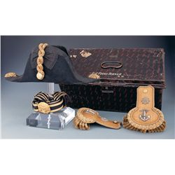 Identified Royal Navy Decorated Lieutenant's Bicorn, Epaulettes and Belt with Storage Tin