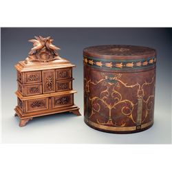 Oriental Style Hat Box and a Carved Wooden Jewelry Box