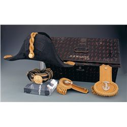 Royal Navy Officer's Bicorn Hat, Epaulettes and Belt with Storage Tin Attributed to D.B. Wildish
