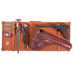 Miniature Cased DWM Artillery Luger Semi-Automatic Pistol with Holster and Miniature German Dagger w