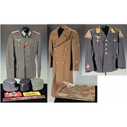 Two Nazi Tunics, 3 Nazi Hats, Three Armbands, a Camouflage Shelter Quarter and a U.S. Army Greatcoat
