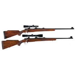 Two Belgian Browning Safari Grade High Power Bolt Action Rifles with Scopes