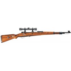 Exceptional World War II Nazi 98K Steyr Single Claw Sniper Rifle with Scope, Metal Scope Can and Lea