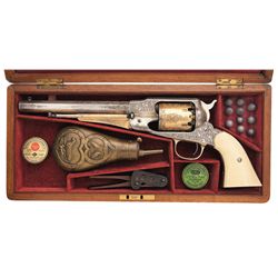 Cased Engraved Silver and Gold Remington New Model Army Percussion Revolver with Ivory Grips and Acc
