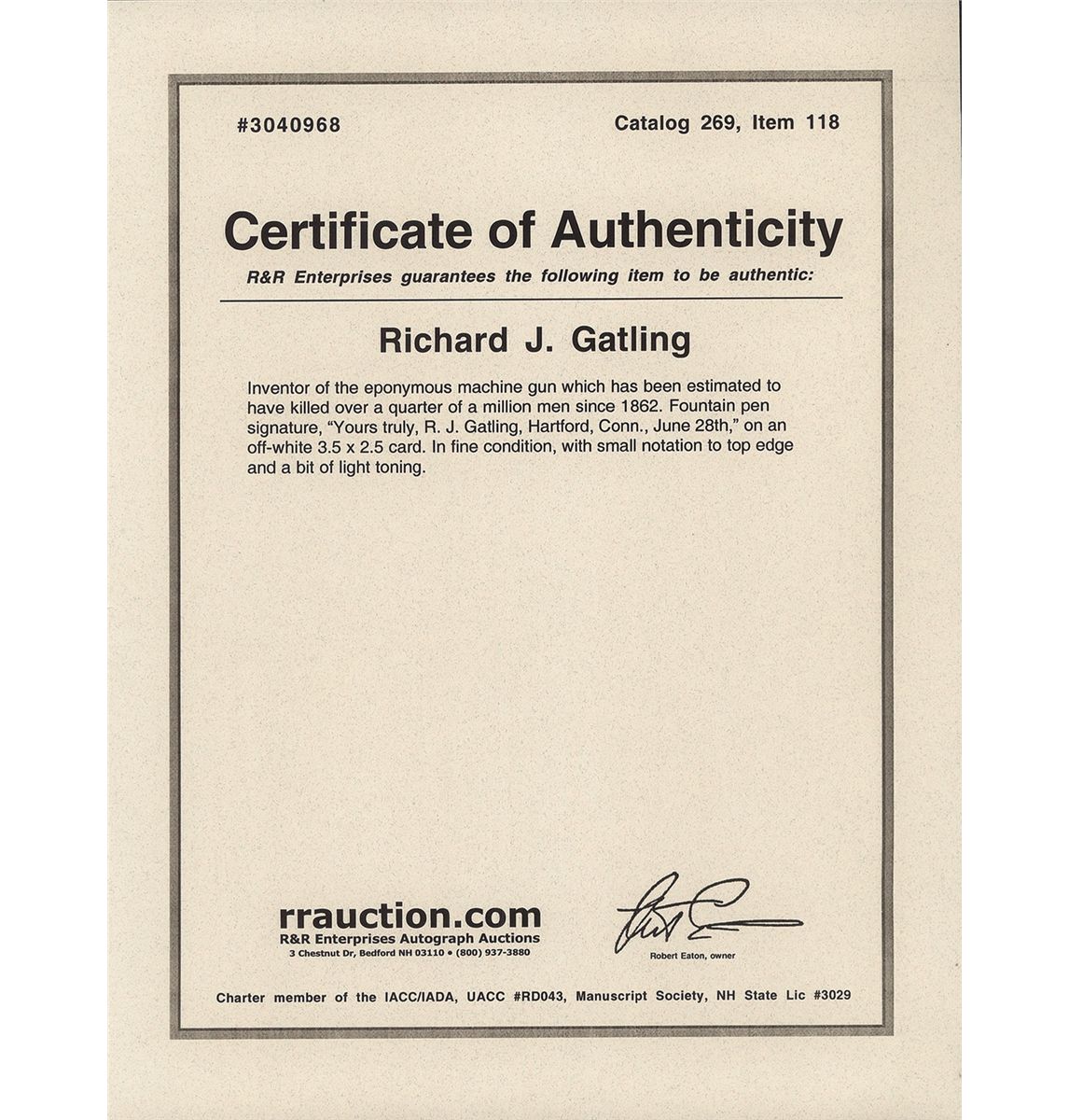 Framed Picture and Autograph of Dr. Gatling with Certificate of ...