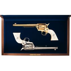 Spectacular Cased Pair of Factory Master Engraved Samplers Colt Frontier Six Shooter Single Action A