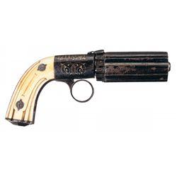Magnificent Exhibition Quality Gold Inlaid N. Vivario-Plomdeur Percussion Pepperbox Pistol with Flut