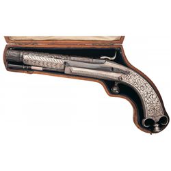 Exhibition Quality Engraved Silver Stocked Scottish Albion Cloth Co. Percussion Pistol with Pipe Cas