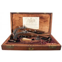 Cased Pair of British Percussion Dueling Sawhandle Pistols by Richardson