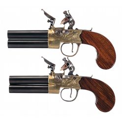 Pair of John Miles English Over/Under Flintlock Pistols