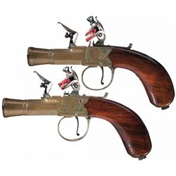 Extremely Fine Pair of Brass W. Bond London Flintlock "Petit" Pocket Pistols