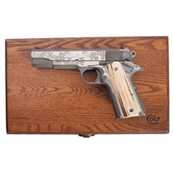 Custom Engraved and Cased Colt MK IV Series 80 1911 Semi-Automatic Pistol with Stag Grips