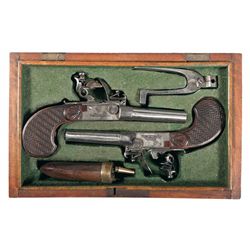Cased Matching Pair of European Double Barrel Flintlock Pistols with Liege Proofs