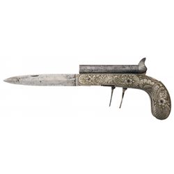 Unique European Double Damascus Barrel Percussion Knife Pistol with Floral Engraved Silver Scales