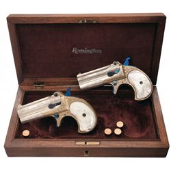 Spectacular Cased Pair of Custom Engraved Gold and Silver Remington Over/Under Derringers with Pearl