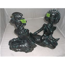 pair of vintage art pottery figurines exotic Siam style male & female gunmetal & teal glazes trackin