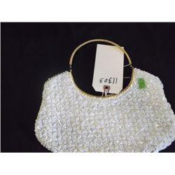 vintage white beaded purse with curved gold tone metal handle Approx. 11" x 8" tracking#111