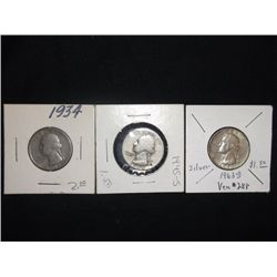 3 Silver Washington Quarters 1934, 1945S, 1963D