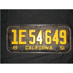 1951 California Black License Plate Black Back Ground with Yellow Numbers and Letters