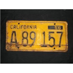 1956 California Yellow License Plate Yellow Back Ground with Black Letters and Numbers