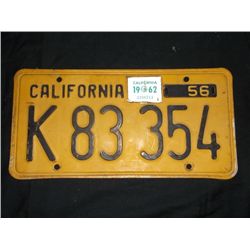 1956 California Yellow License Plate Yellow Back Ground with Black Letters and Numbers with 1962 sti